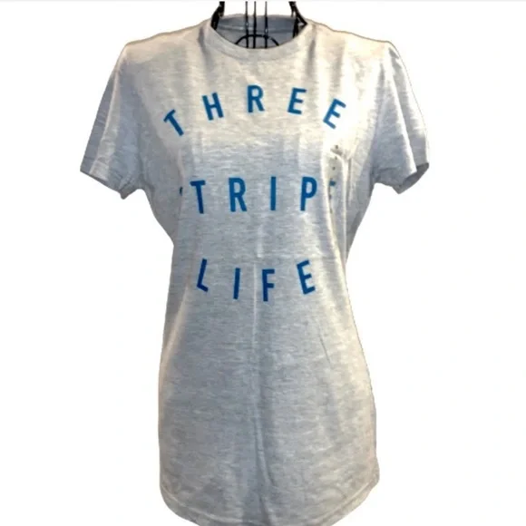 NWT Adidas Women’s Small Grey & Blue ‘Three Stripe Life’ Graphic T-Shirt - Picture 1 of 12